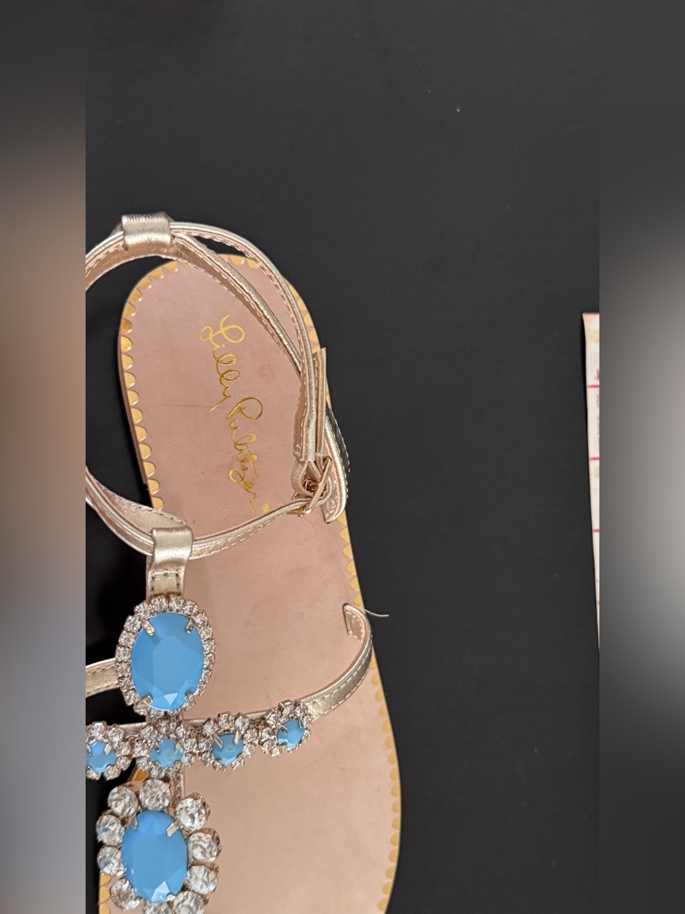 Lilly Pulitzer Katie Embellished Bermuda Blue/Gold Leather Sandals Sz 7 1/2 - Picture 4 of 8